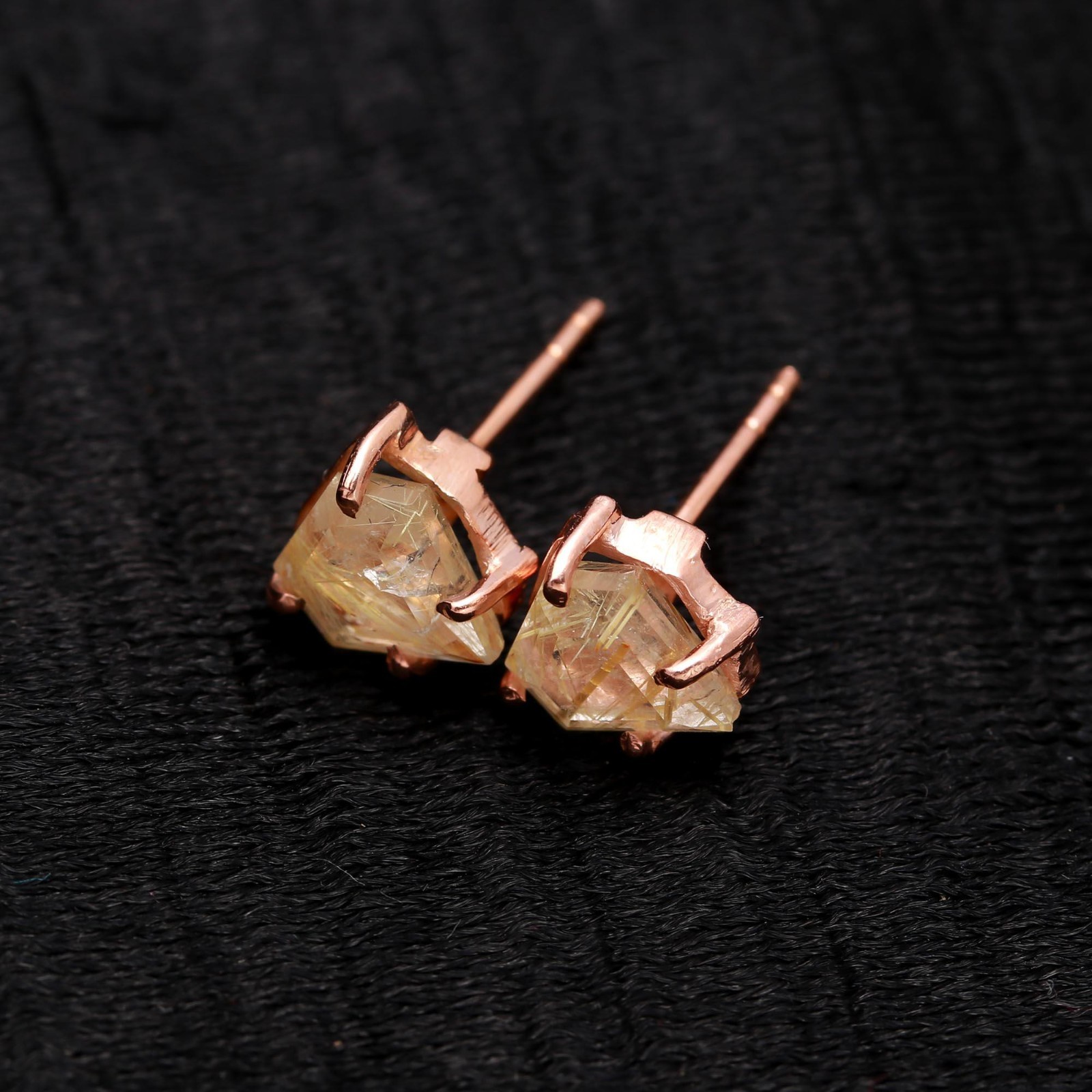 Natural Golden Rutile Shield Stud Earrings Rose Gold Filled Solid Silver Jewelry