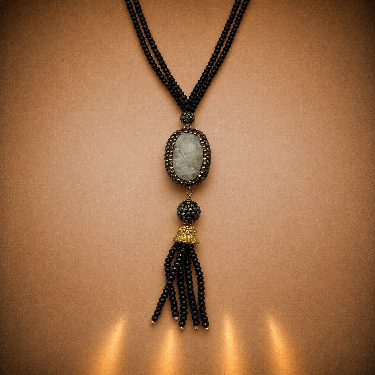 NEW Statement Black Beaded Tassel Necklace Amethyst Druzy And Quartz-reversible