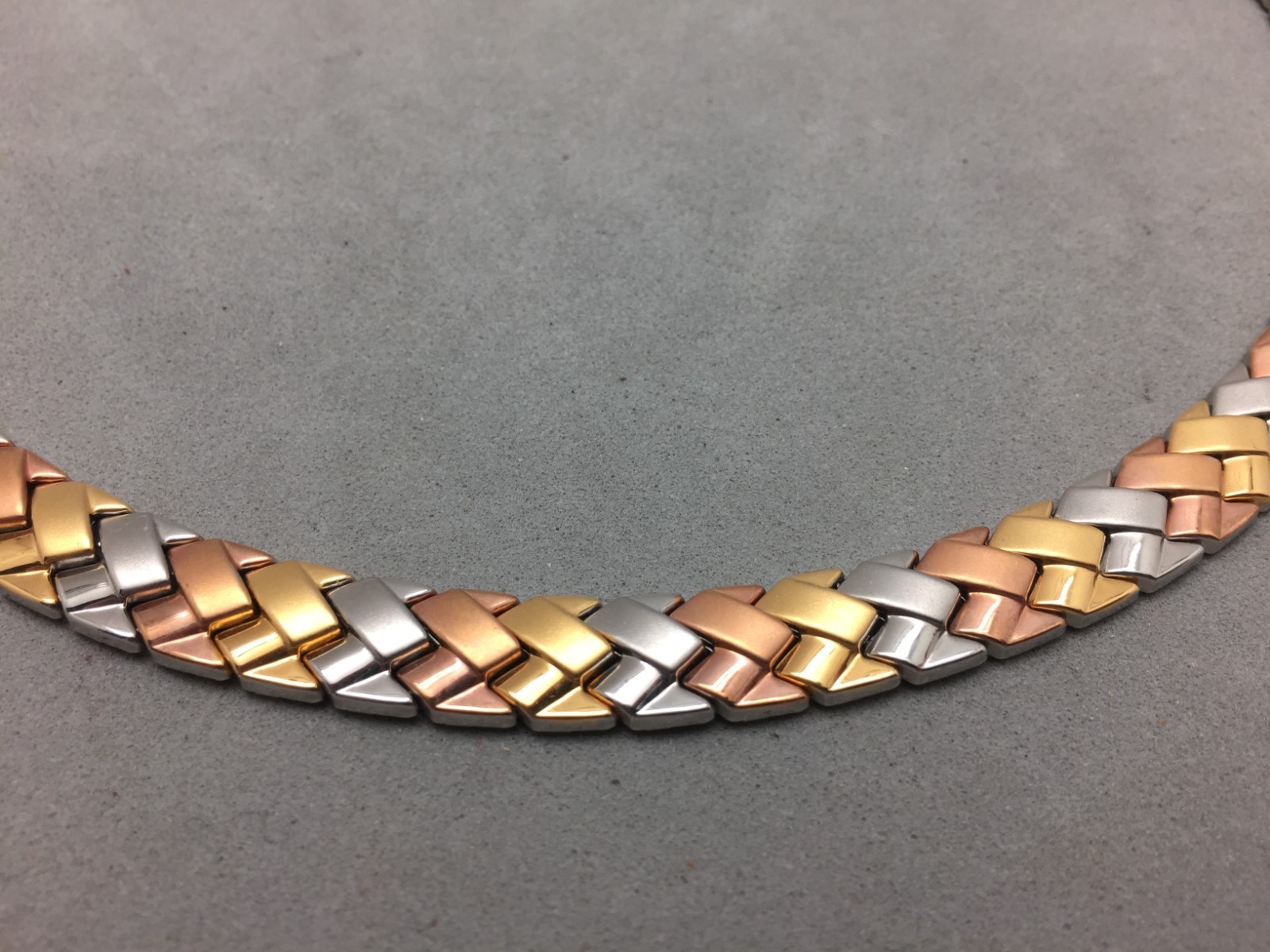 JCM Tri-color Gold Silver Rose Gold Collar Necklace Woven 18″ Stainless Steel .5