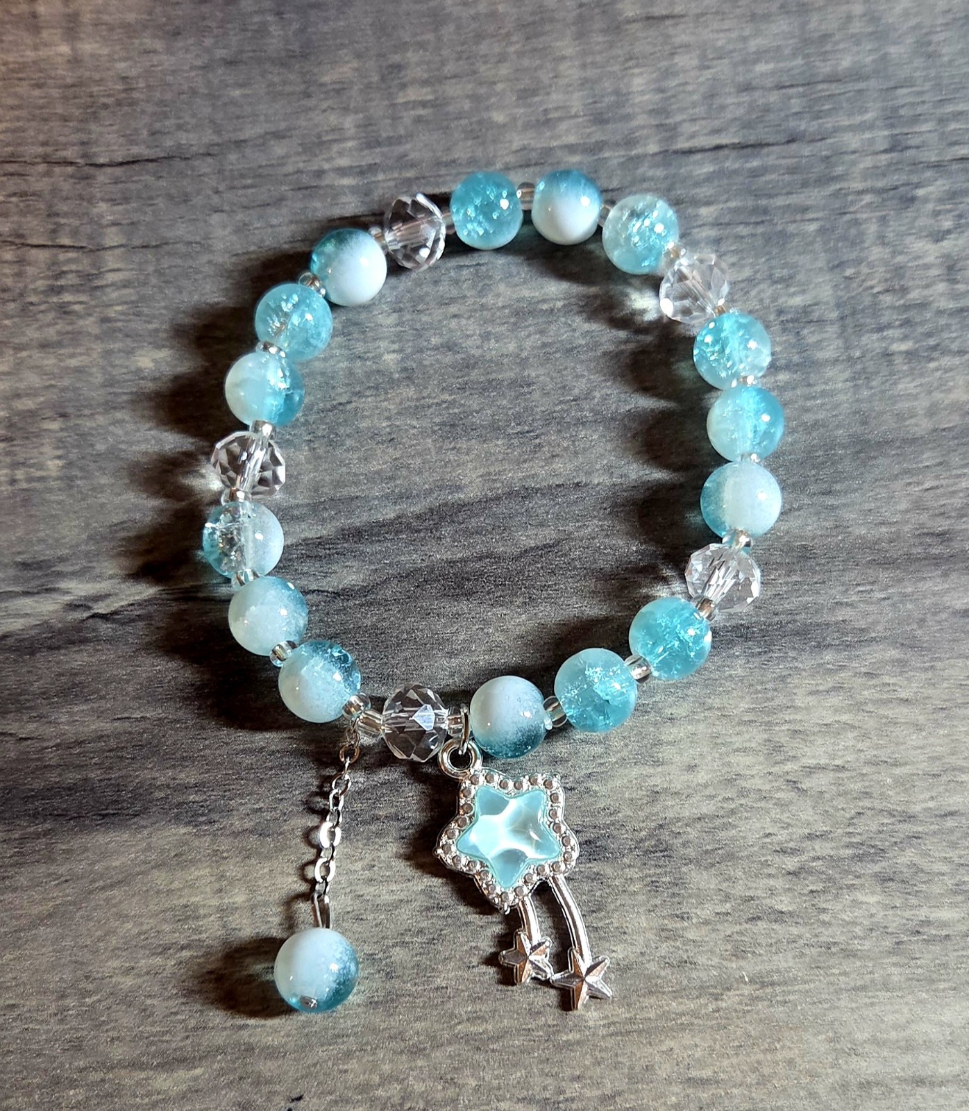 Light Blue Round Crystal Dangle Star Charm Beaded Stretch Bracelet