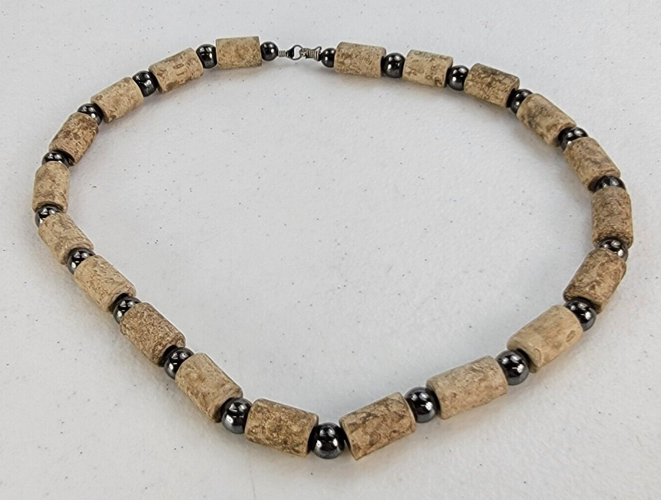 Vintage Stone & Hematite Beaded Necklace 17.5 in Brown Gray Hook Clasp