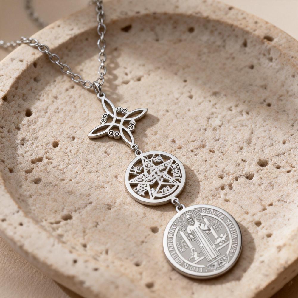 Triple Protection Knot With Witch Necklace Pentagram Tetragrammaton St. Benedict