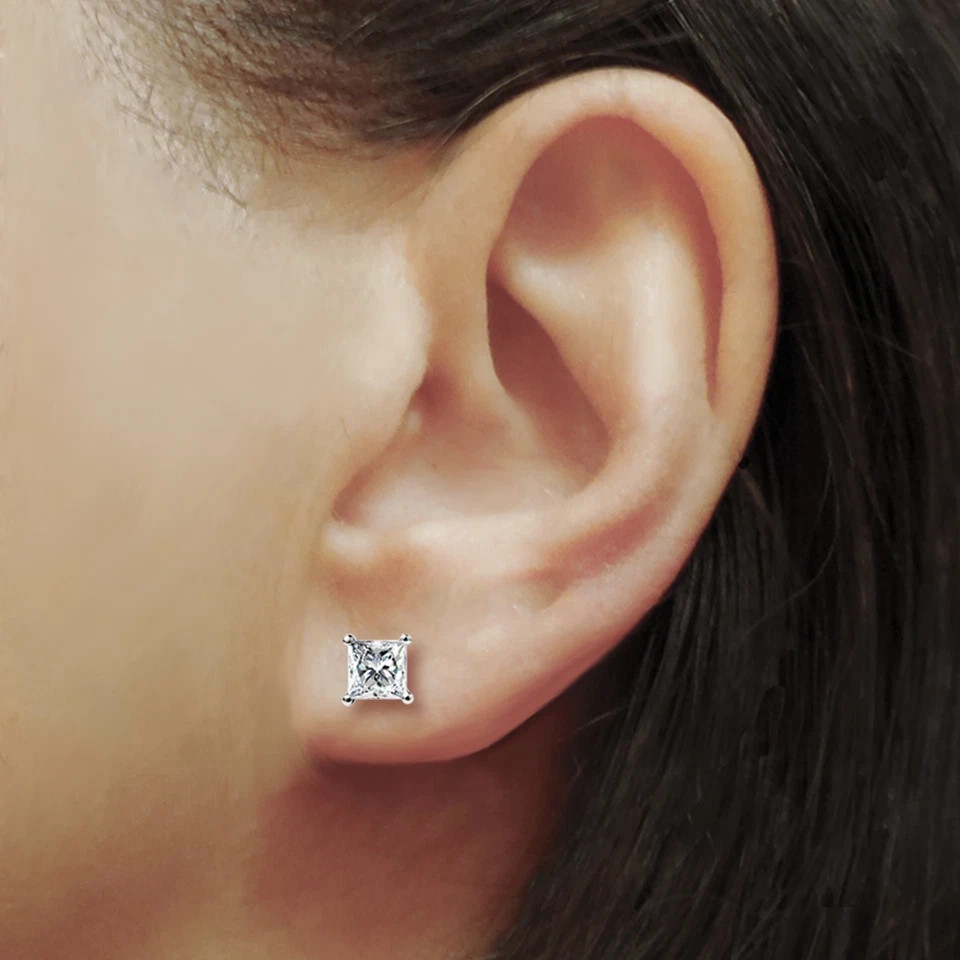 1CT Princess Simulated Diamond Solitaire Stud Earrings 14k White Gold Plated