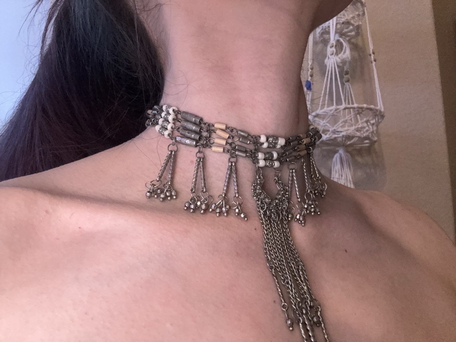 Silver Tone Boho Multi-Strand Beaded Choker Adjustable Cable Chain Charm Fringe