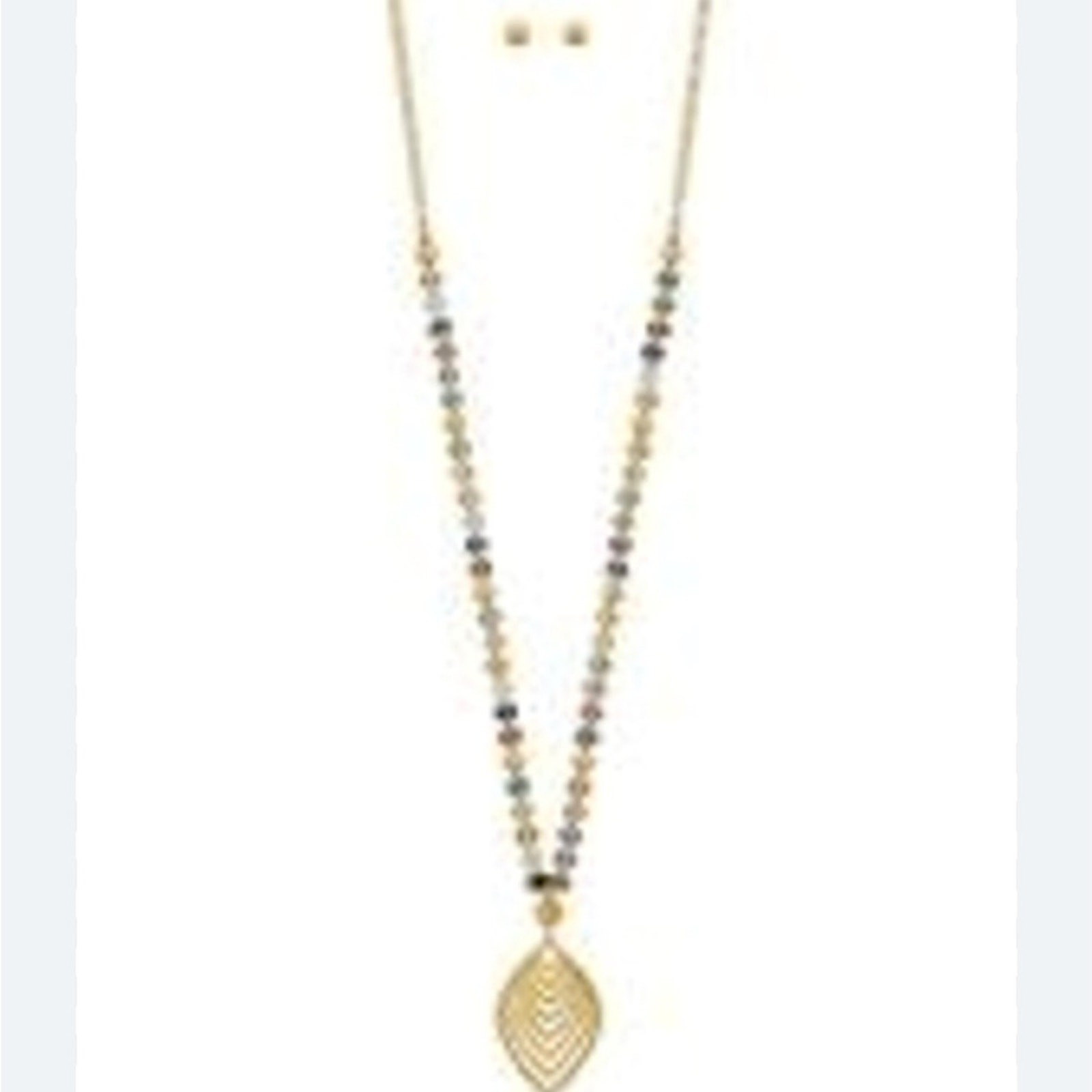 ETE Leaf Beaded Long Pendant Necklace Stud Ball Earrings Set NWT Gold tone grey