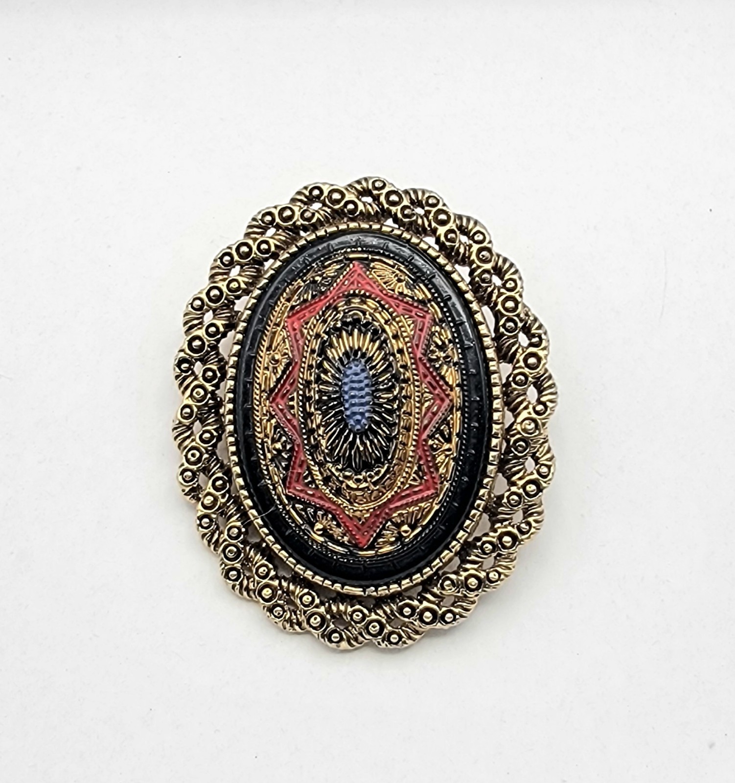 Sarah Coventry Brooch/ OR Pendant Gold Tone Red Black Enamel Oval Dome Detailed