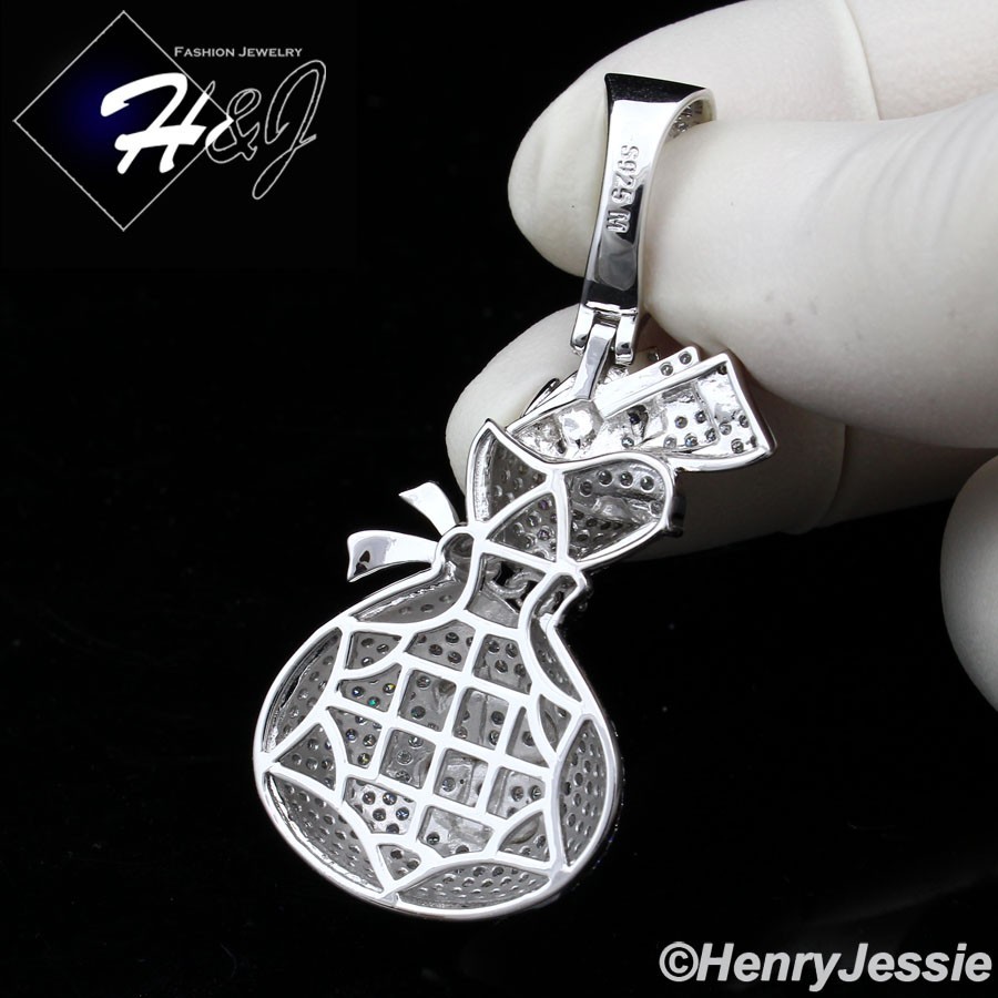 MEN SOLID 925 STERLING SILVER ICY MOISSANITE 3D $ SIGN MONEY BAG PENDANT*MP561