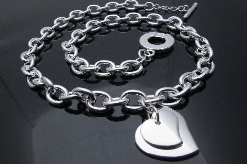 925 SILVER ELECTRO-PLATED 18″DOUBLE HEART PENDANT CHOKER Necklace TOGGLE CLOSING