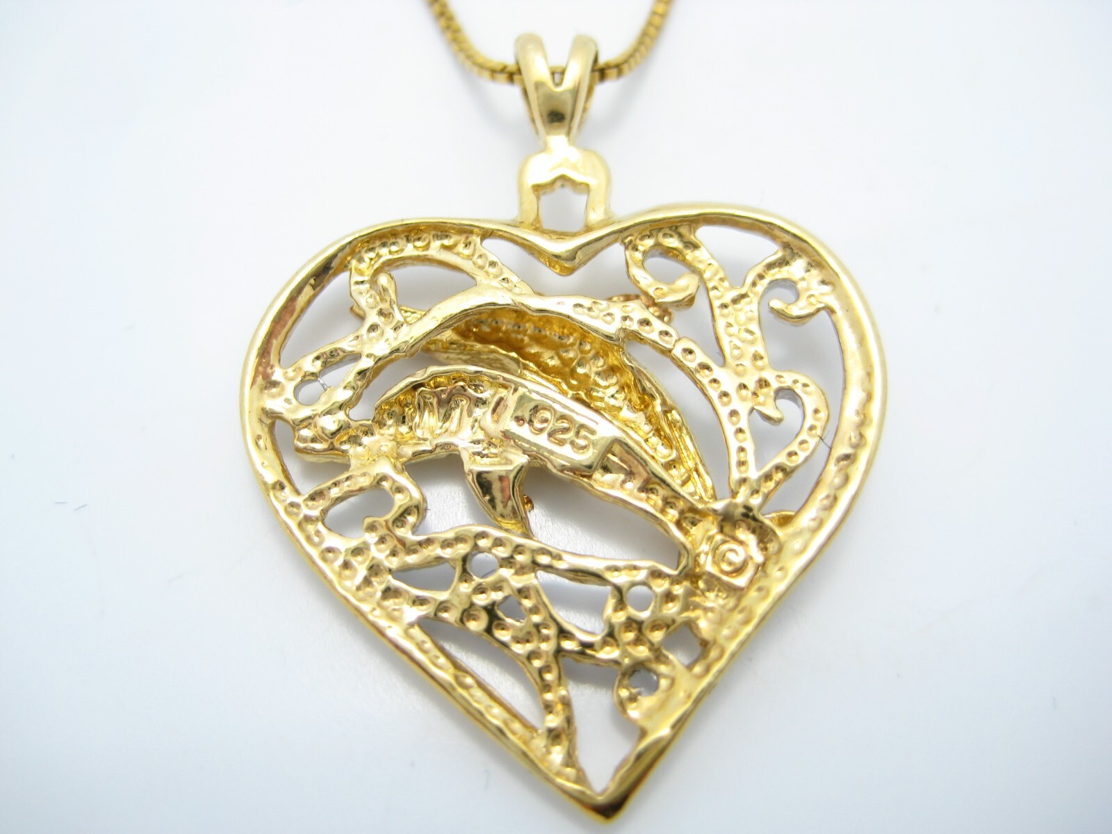 BSI Sterling Silver Gold Tone Dolphins Heart Pendant Chain Link Necklace 16″