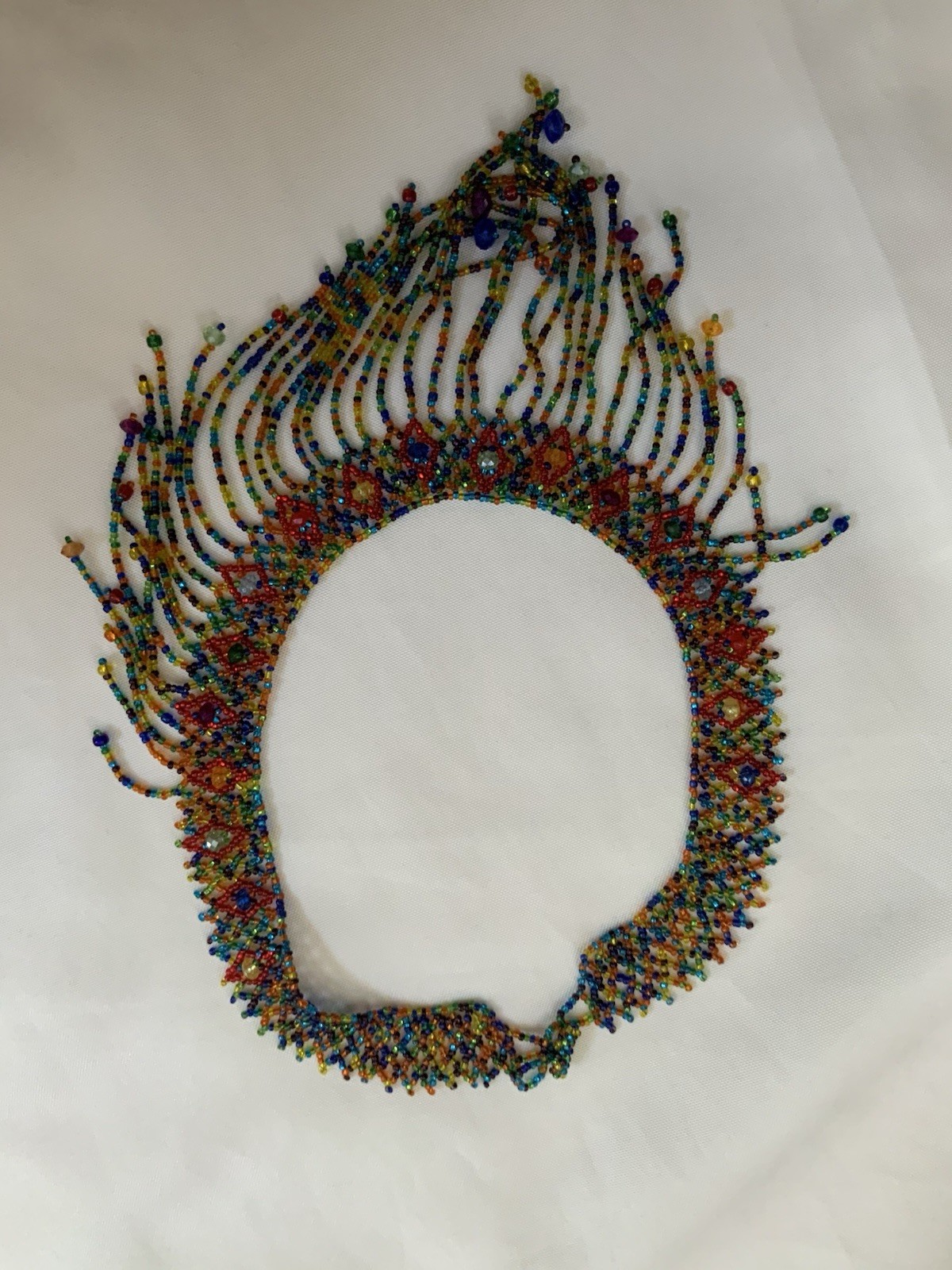 Multicolor Glass Beaded Choker Bib Statement Necklace w/ Fringe Collar