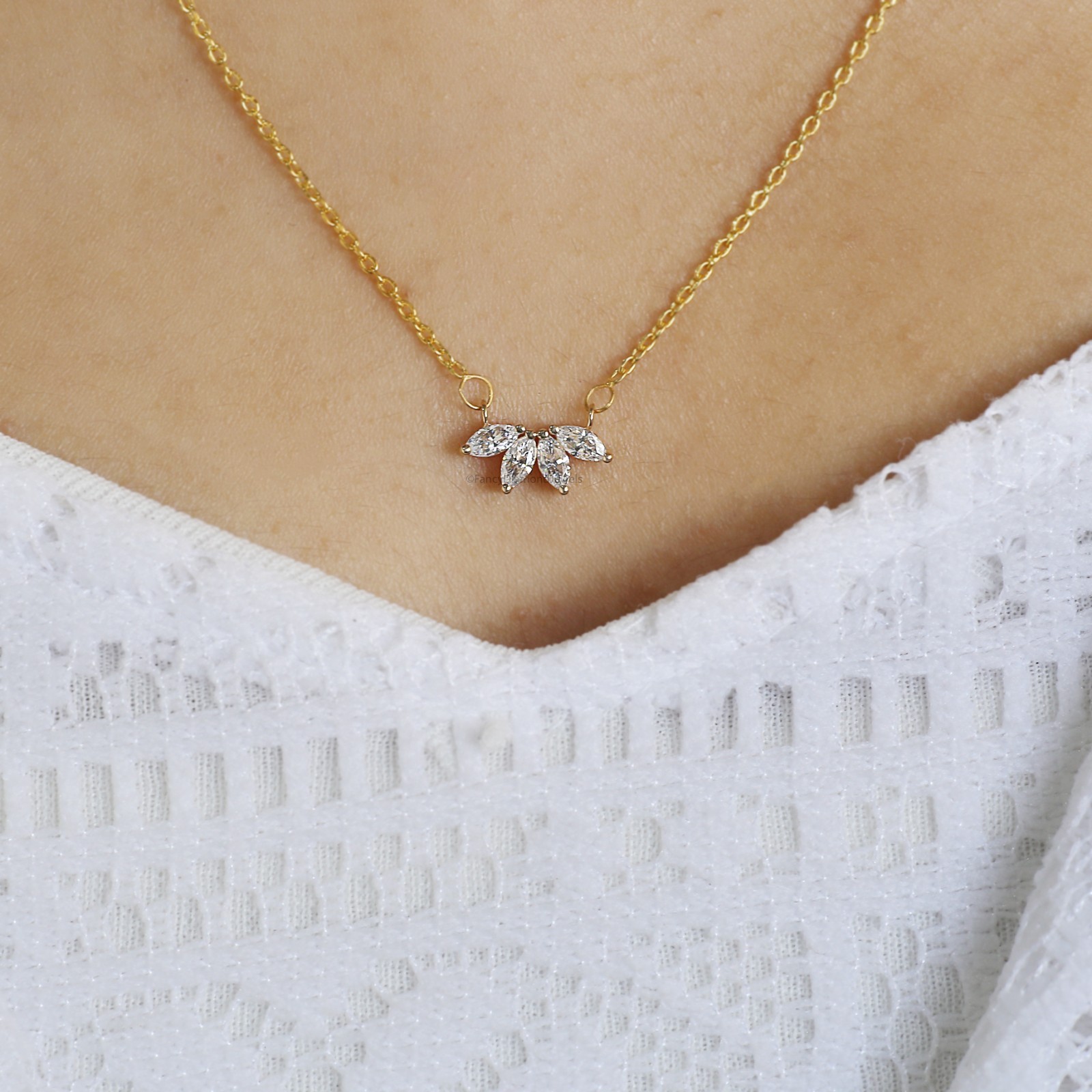 Marquise Cut CZ Diamond Flower Necklace Yellow Silver handmade jewelry Necklace