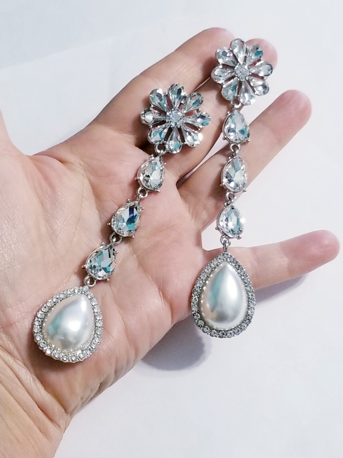 Created Pearl Dangle Chandelier Earrings 4.7 inch Clear Rhinestone Pageant Prom