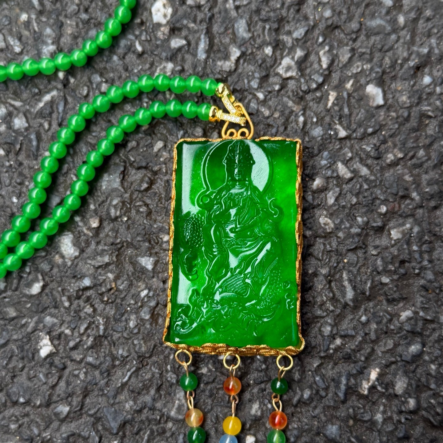 Natural ice inlay Green Jade Jadeite Dragon Kwanyin Pendant&Necklace 鎏金乘龙观音