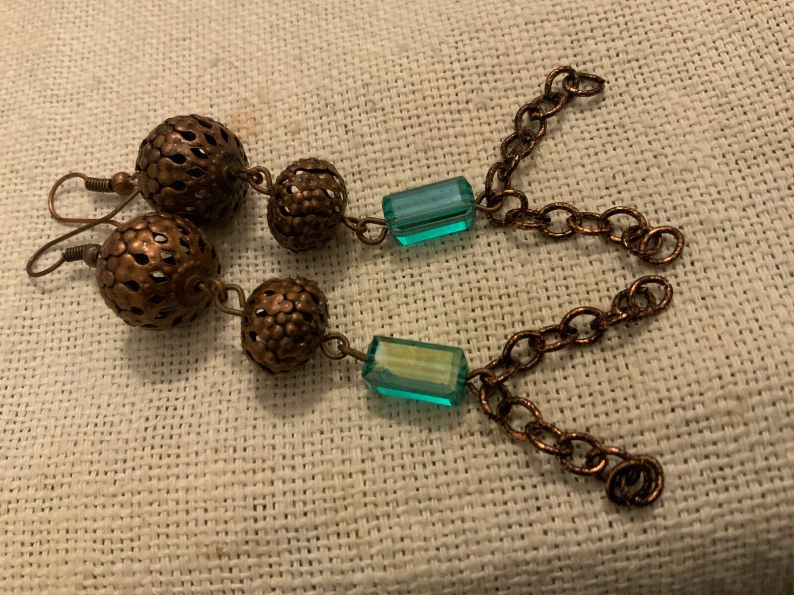 Copper filigree beaded earrings tassel green lucite Duster Opera earrings 3.5in