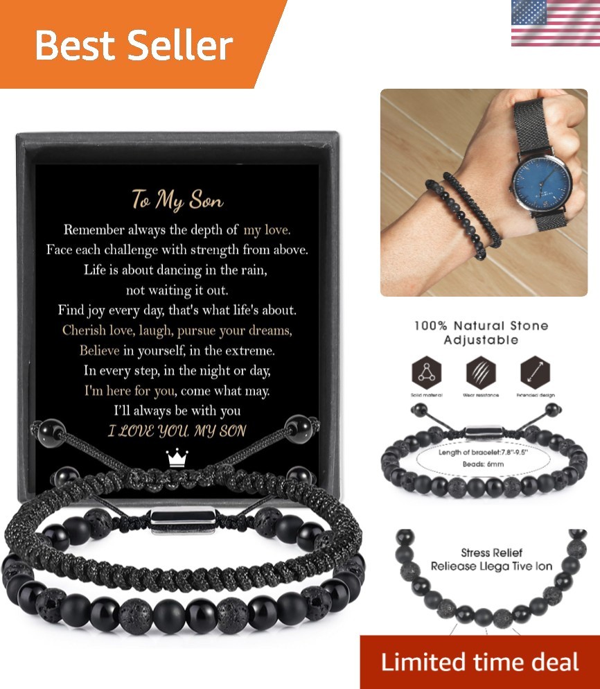 Versatile Black Lava Rock Bracelet – Adjustable Size & ‘To My Son’ Message Card