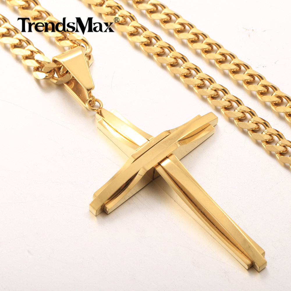 Mens Gold Plated Stainless Steel Cross Pendant Necklace 18-30″ Cuban Curb Chain