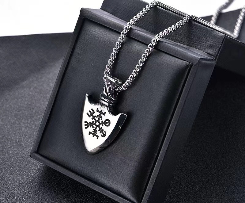 Men’s Viking Two Side Valknut Vegvisir Spear Pendant Necklace Box Chain 24″ Gift
