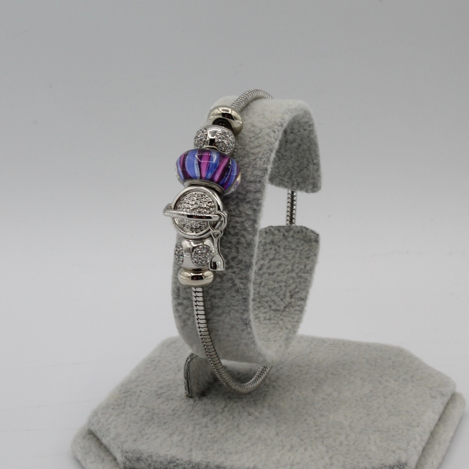 Platinum Plated Purple Charm White CZ Bracelet 18.5 cm Hypoallergenic
