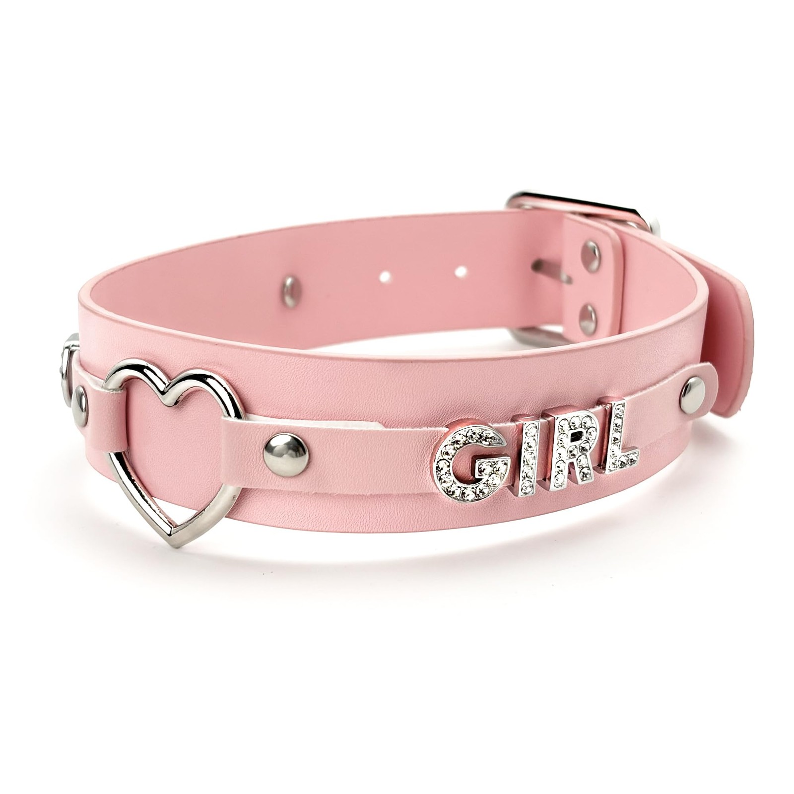 Pink Leather Heart O-Ring Choker Necklace for Women, Adjustable PU Collar wit…