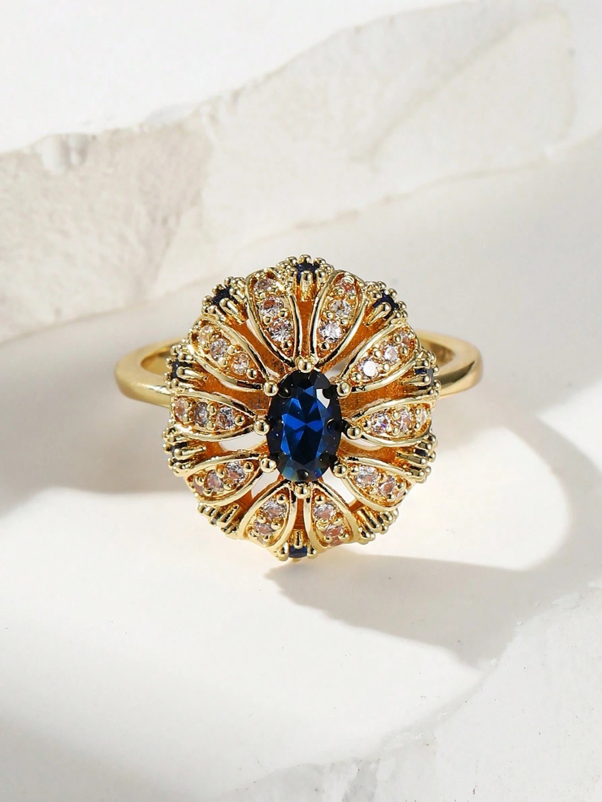 Gold Plated Vintage Floral Blue Sapphire CZ Halo Statement Ring Womens