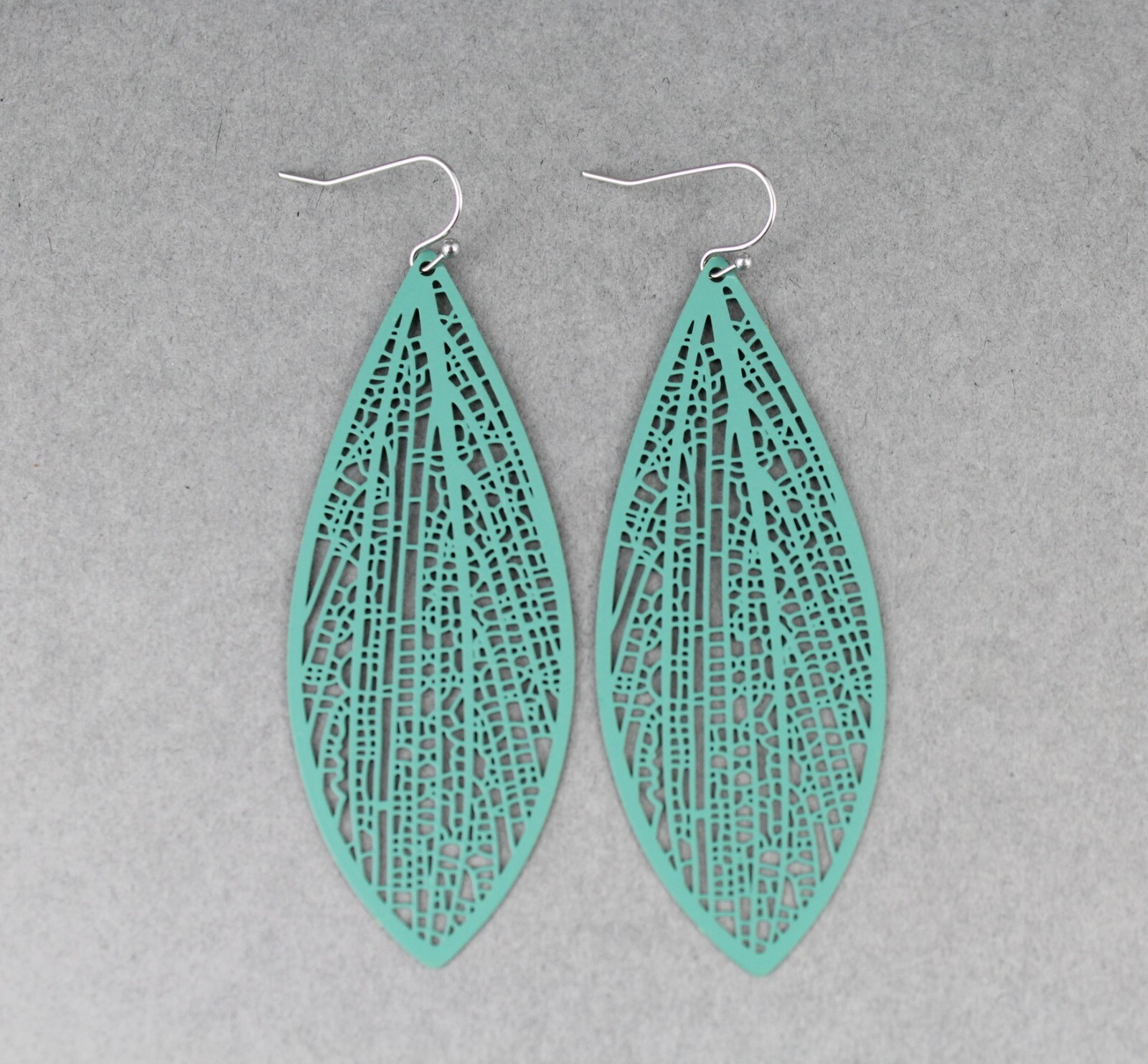 Teal Green earrings teardrop dangle VERY lightweight filigree 3″ long oval leaf