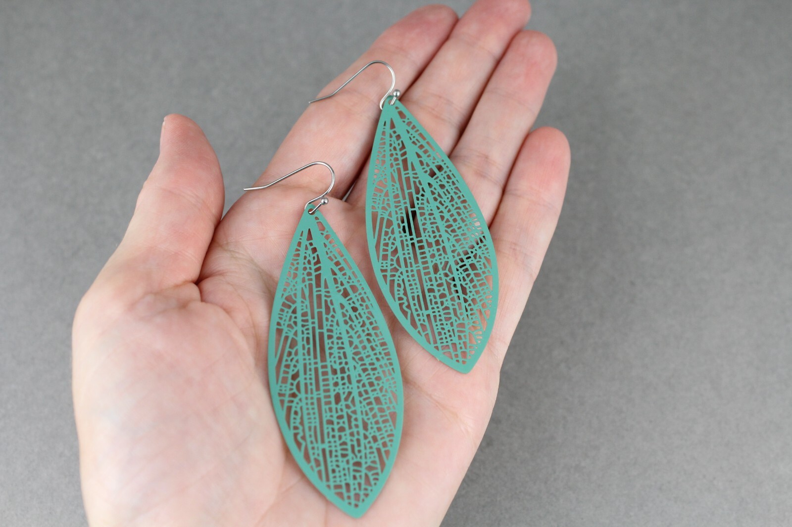 Teal Green earrings teardrop dangle VERY lightweight filigree 3″ long oval leaf