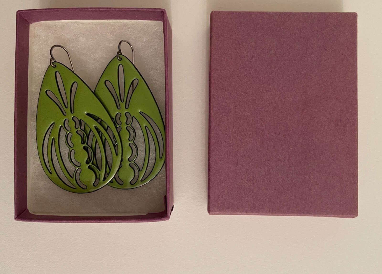 Vitreous Enamel Handcut Copper Earrings Art Deco Mod Geometric Handmade USA 2″