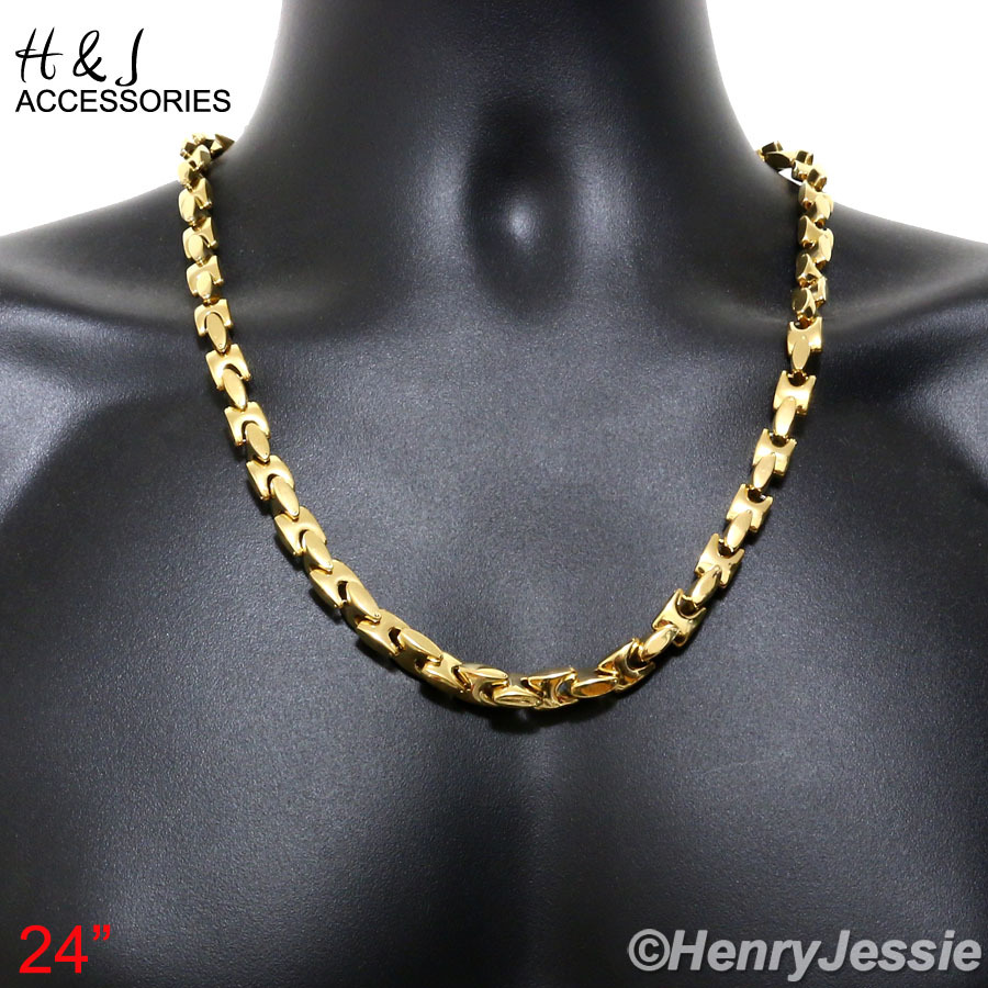 18-40″316L Stainless Steel HEAVY 8mm Gold Plated Interlock Bones Chain Necklace