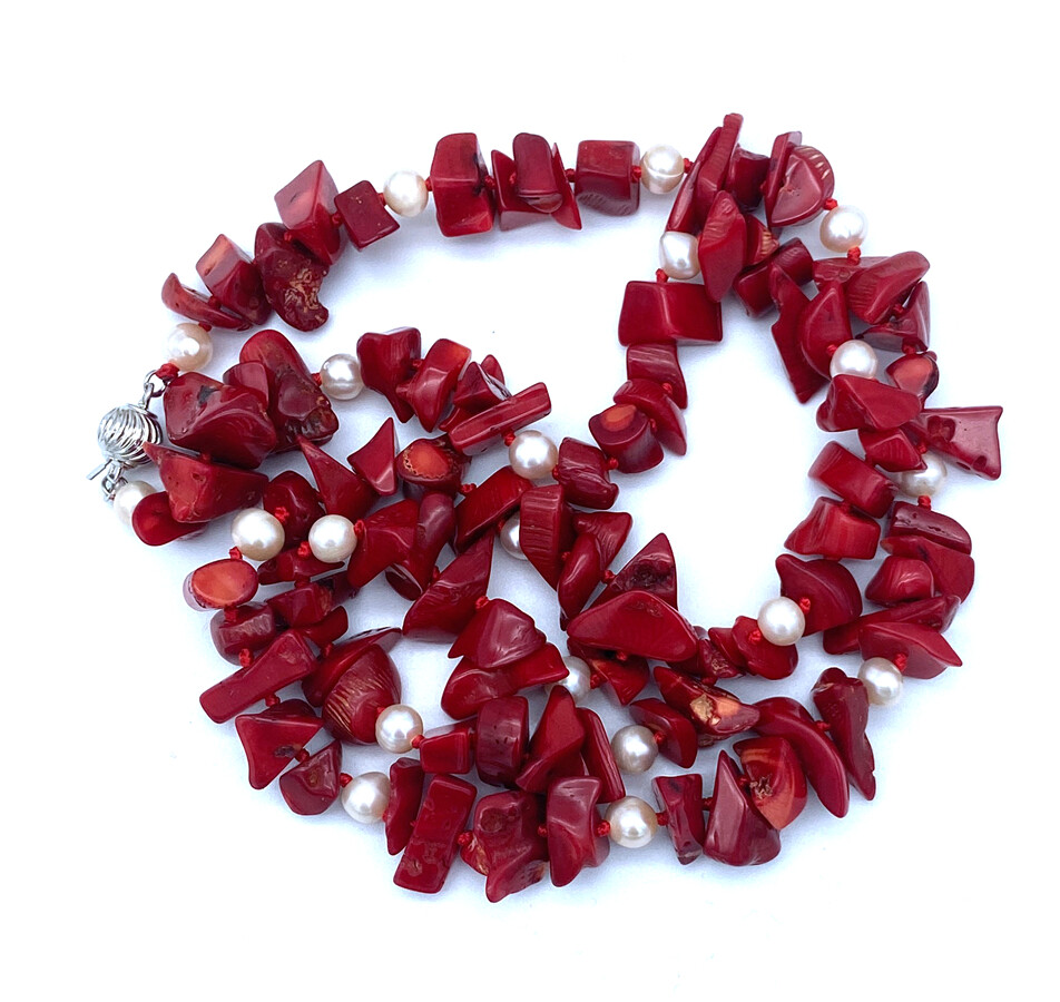 Red Nature Coral Gemstone & white pearl Chips Strand/String Necklaces 16-50“