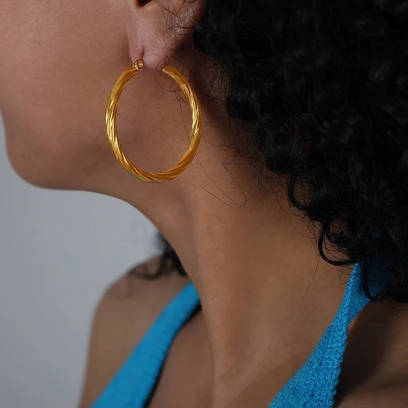 Twisted Round Hoop Earrings For Women Stainless Steel Vintage 3mm Thick
