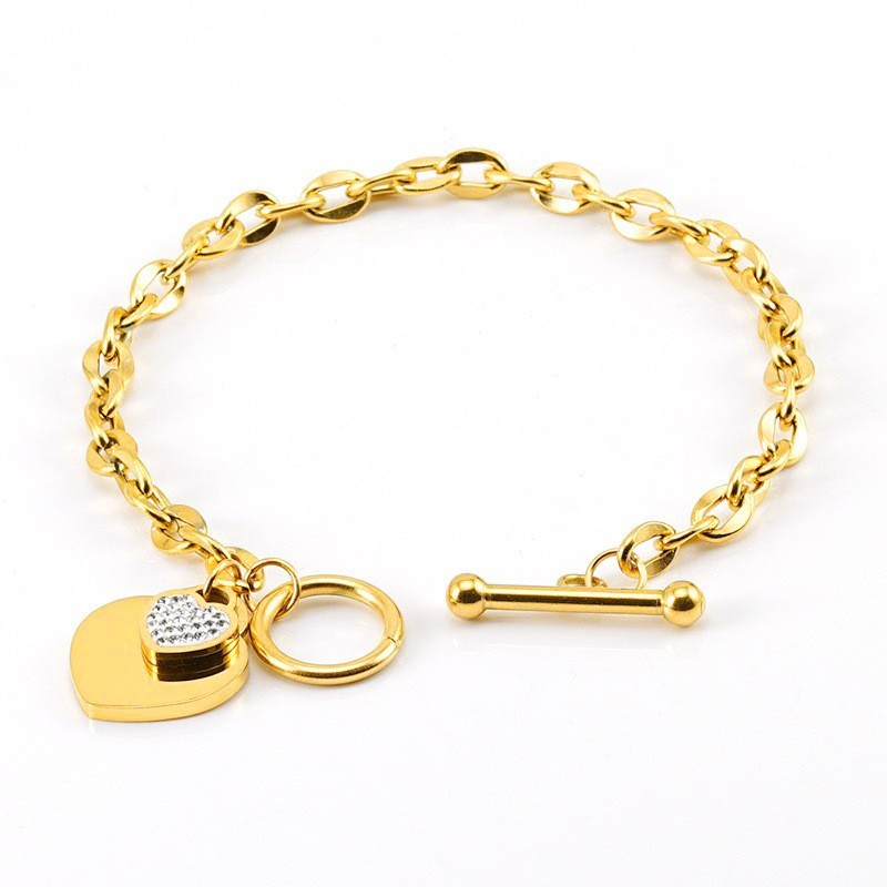 Gold Plated Alloy Chain Link Dual Heart Dangle CZ Pave OT Toggle Clasp Bracelet