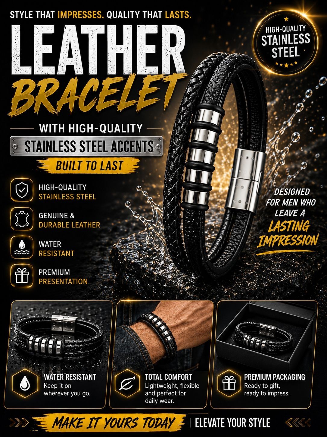 Braided Leather Cuff Bracelet Stainless Steel Magnetic Clasp Black/Silver