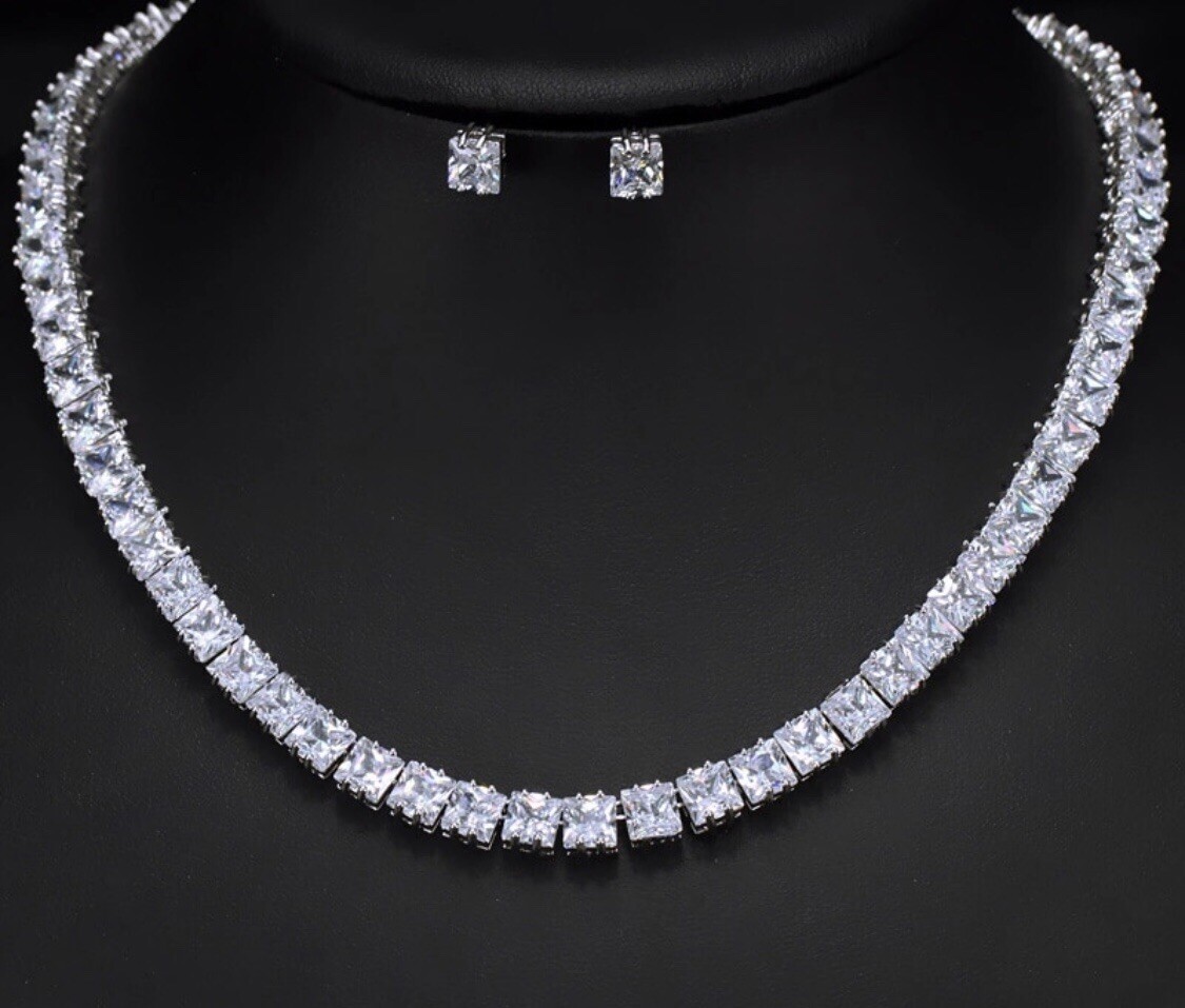 18k White Gold Plated Square Tennis Necklace Earrings made w Swarovski Crystal