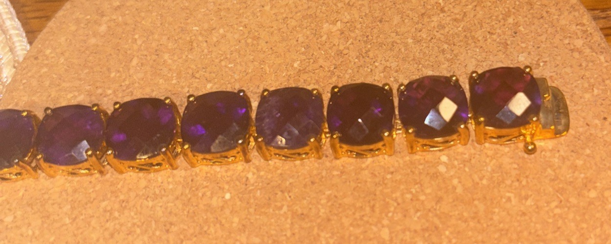 Elegant 7-Inch Gold-Tone Purple Stone Link Bracelet 925
