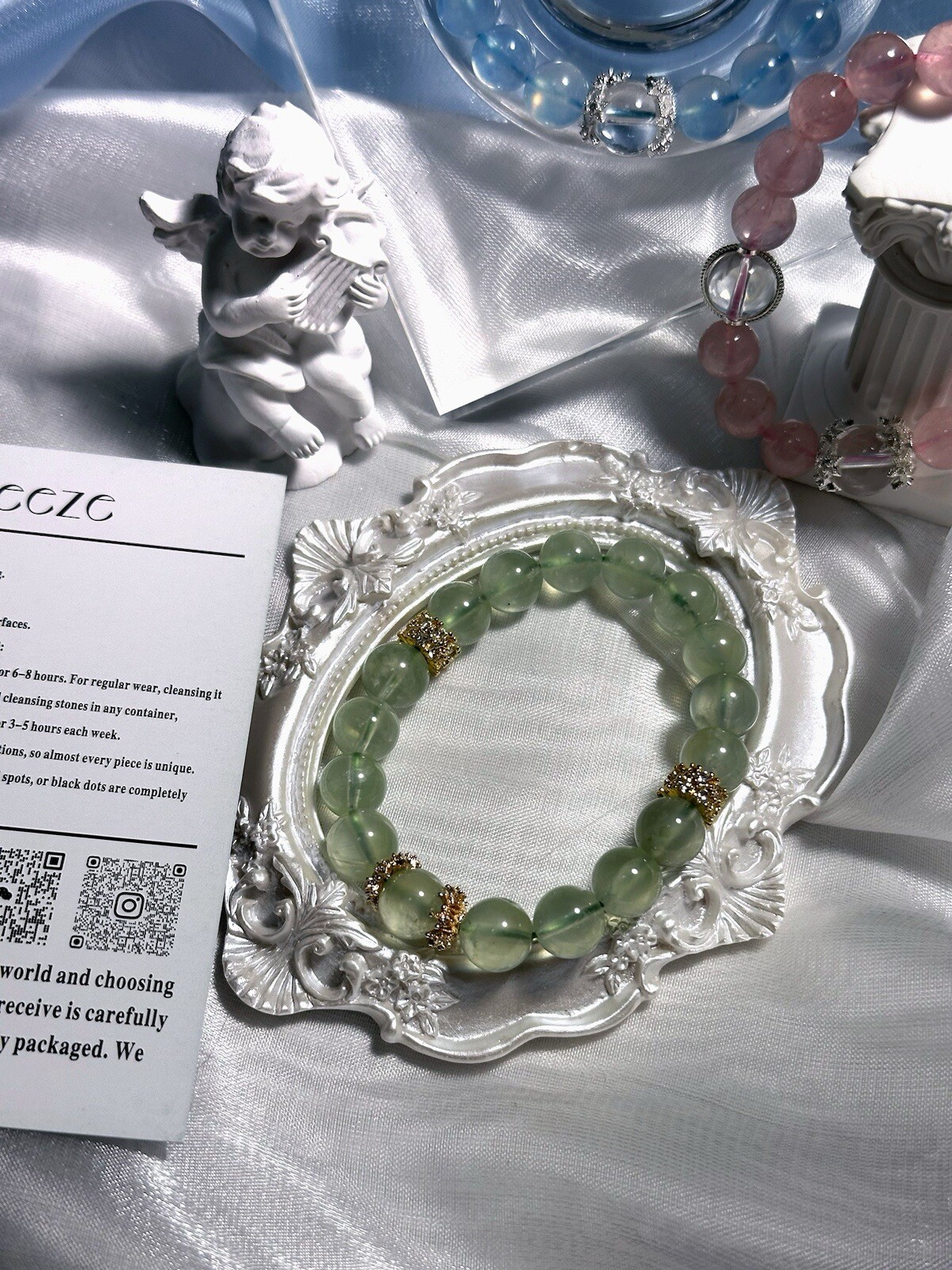 9.3mm natural prehnite crystal stone bracelet Peace luck fortune