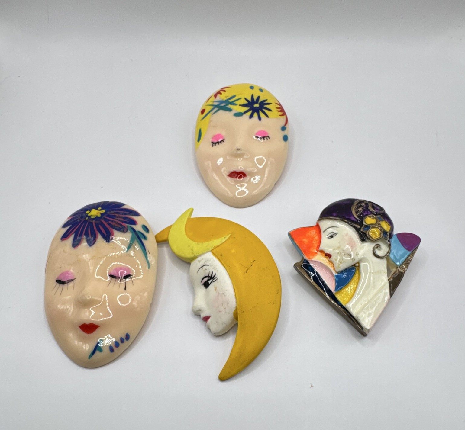 Lot of 4 Plastic Brooch Pins Multicolor Faces & Moon Asymmetrical Taiwan