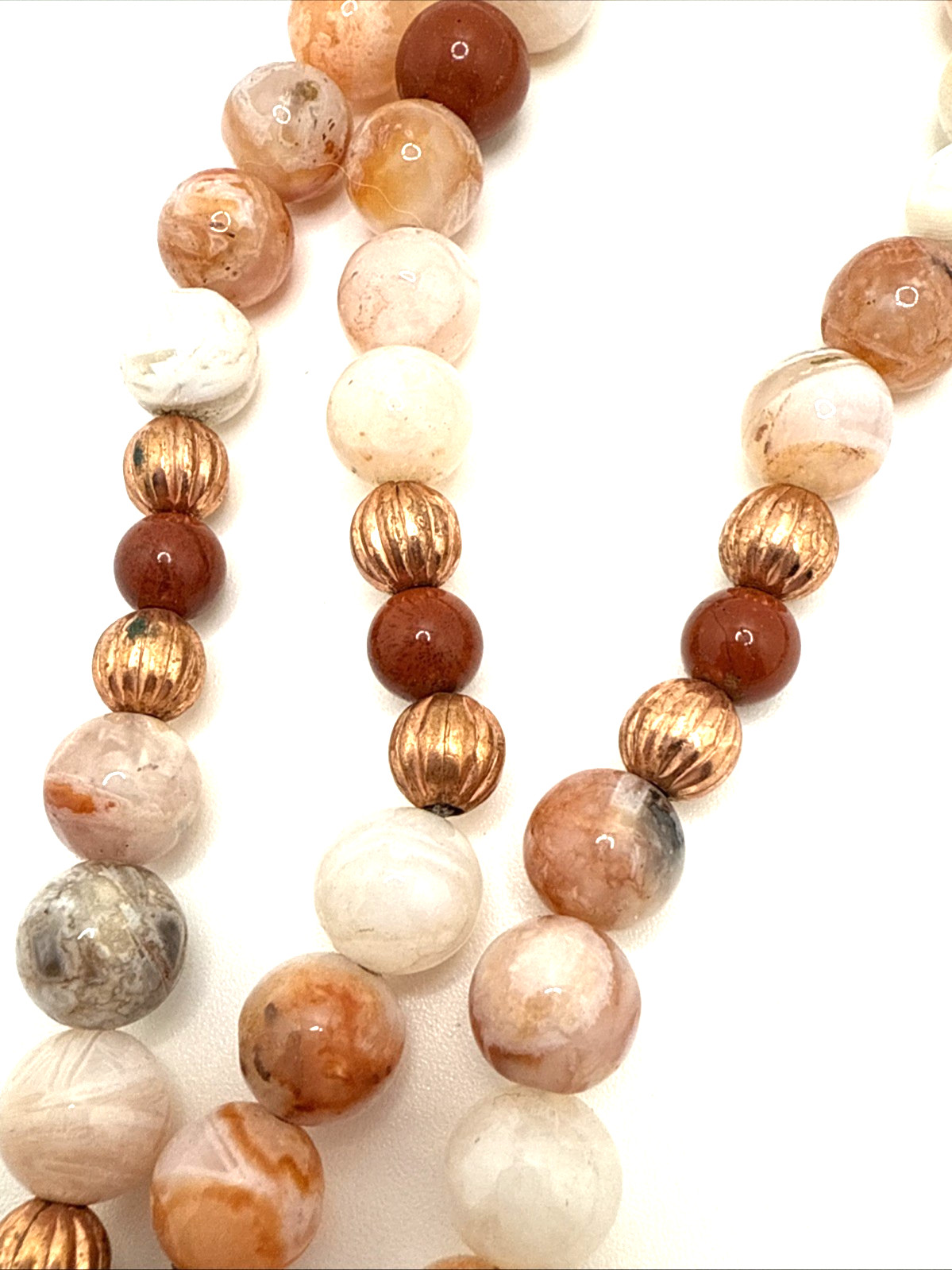 Artisan Pink Rosetta Jasper Necklace Beaded Moss Agate Stone Pendant Boho 23″