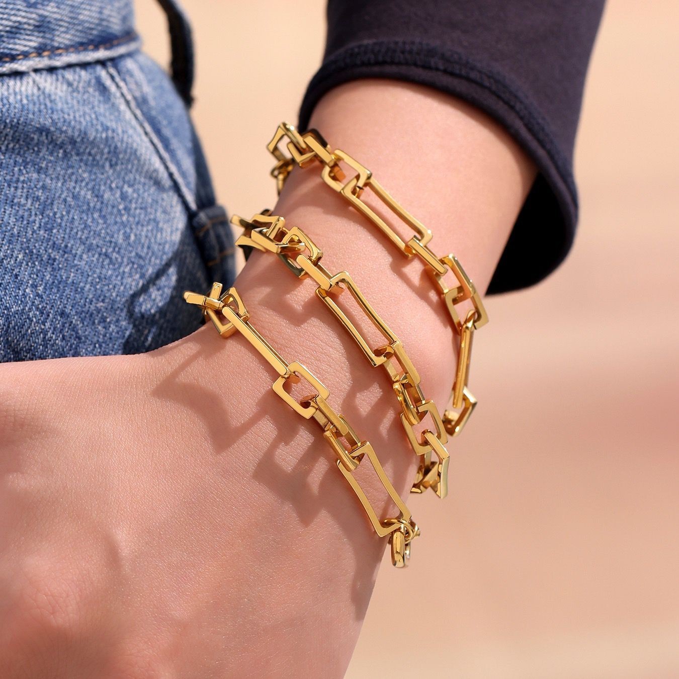Women 18K Gold Plated Oval Rolo Link Paper Clip Thick Bracelet Bangle 7.5 in