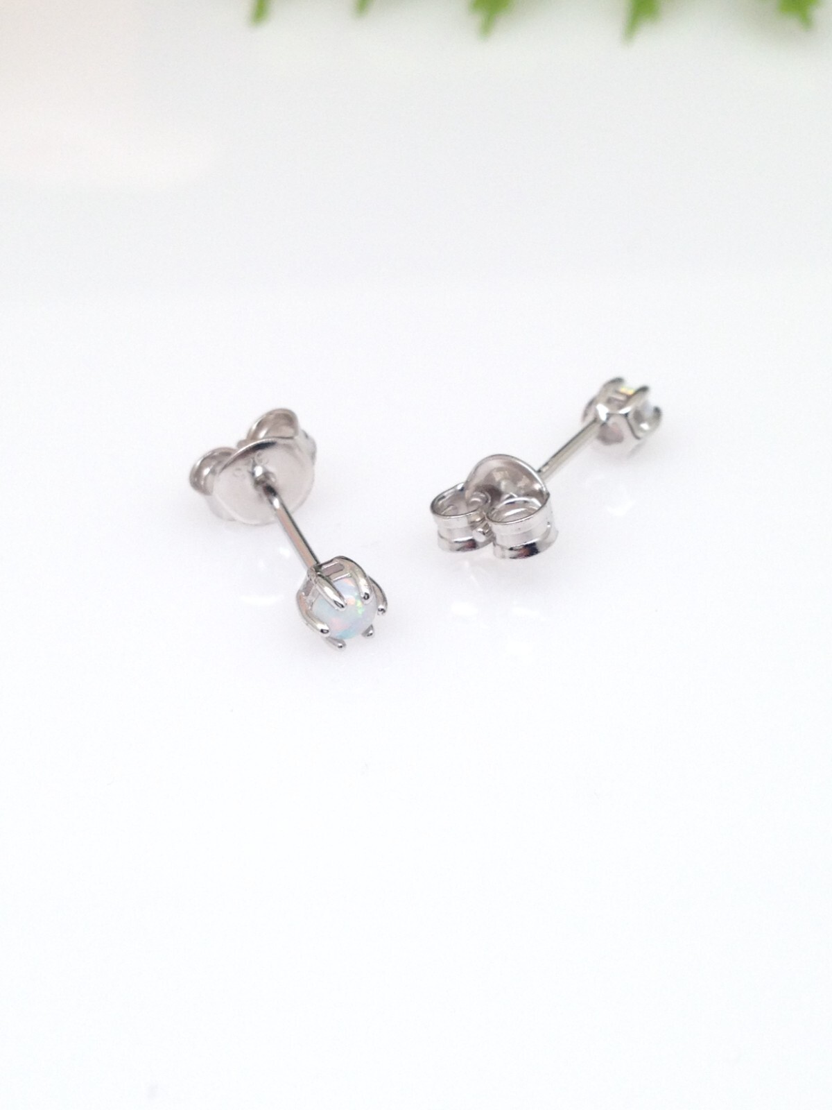 White Opal Stud Earrings Sterling Silver 925 Dainty Round Opal Studs 2.9mm