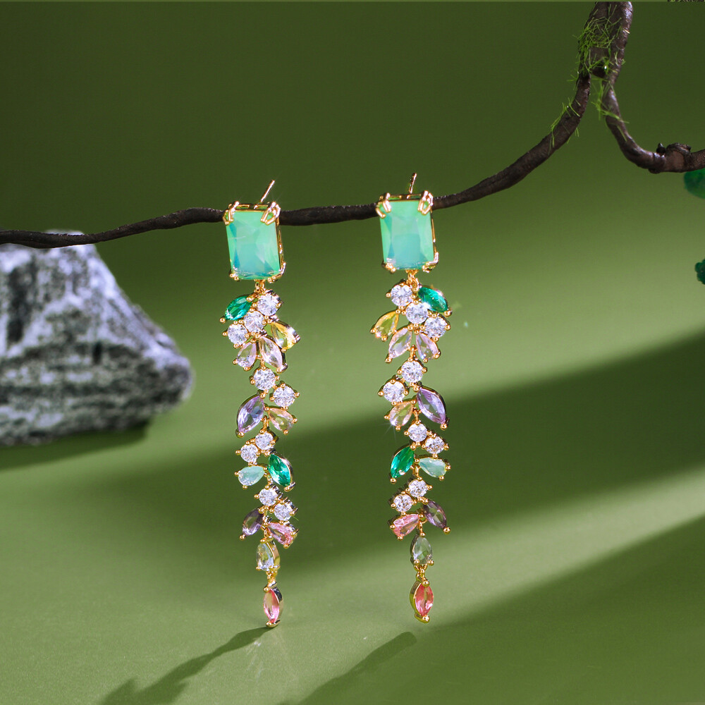 CZ Green Baguette Multicolor Leaf Long Drop Earrings Gold Plated Wedding Jewelry