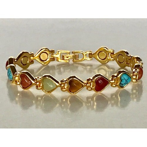 Magnetic Bracelet ❤ HEARTS SEMI PRECIOUS STONES GOLDTONE 💝Beautiful # Size 7.5″