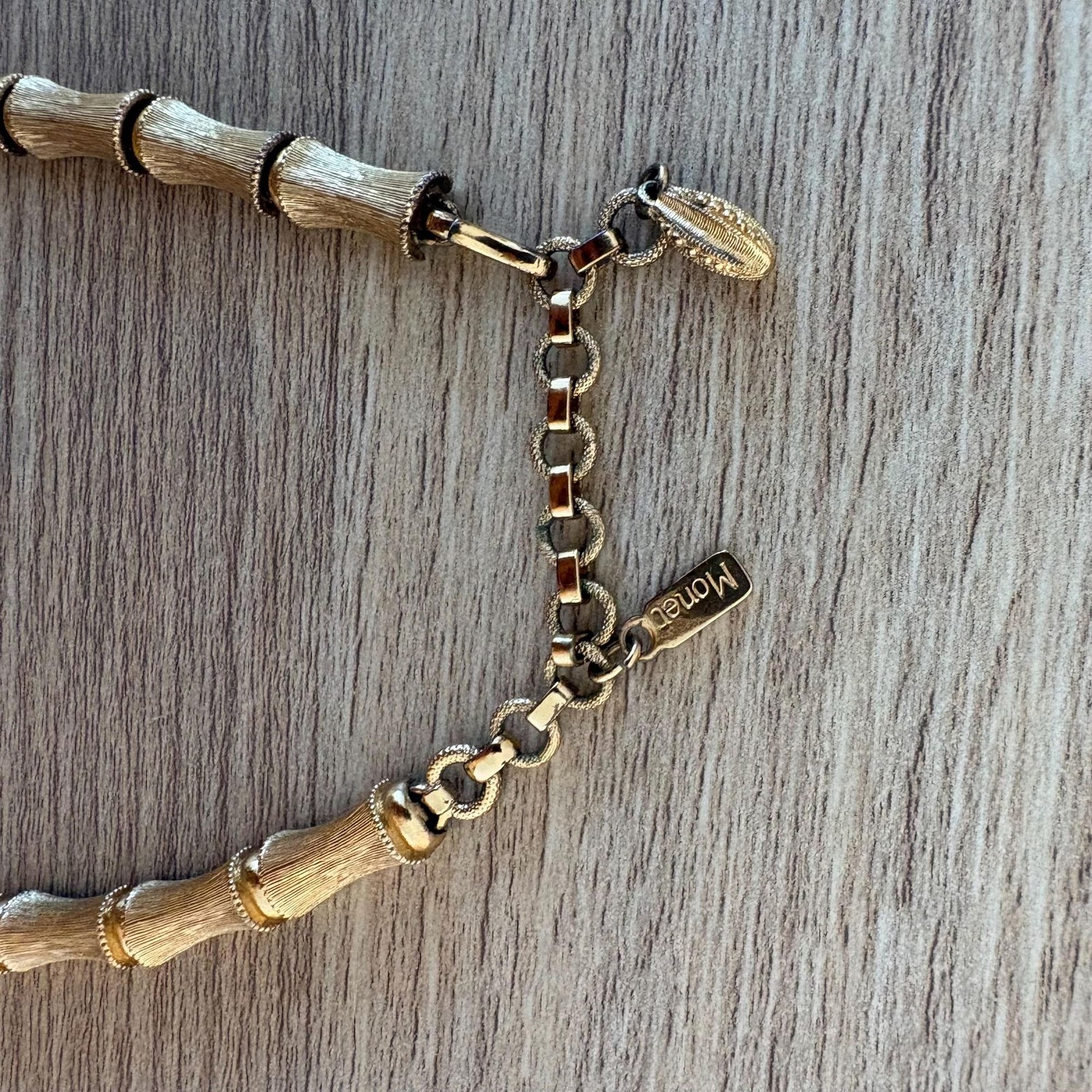 Vintage Monet Gold Bamboo Link Necklace Signed Textured Choker
