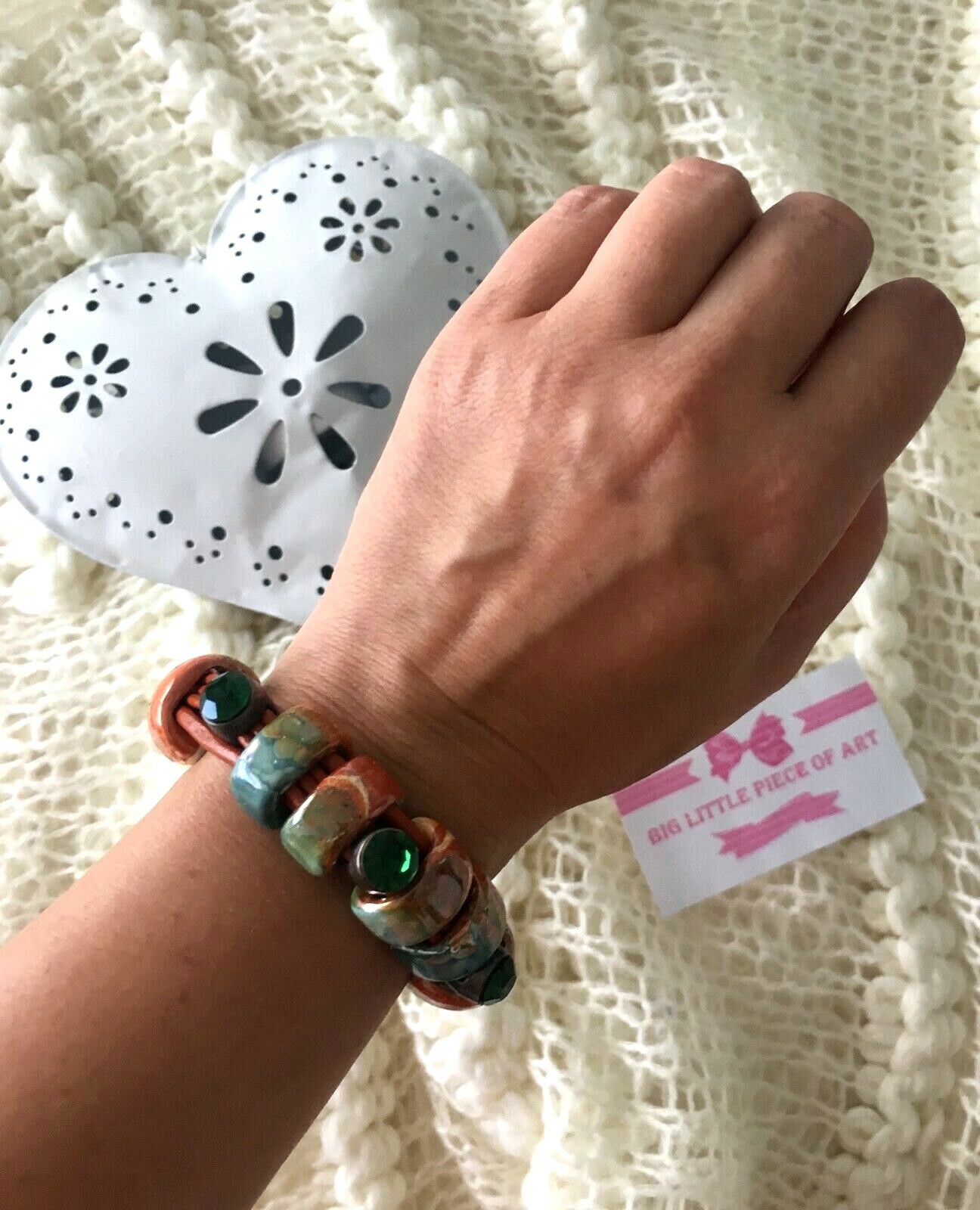 ✨SET Necklace + Bracelet LOT Silver Ceramic Beads Swarovski Element Leather $200