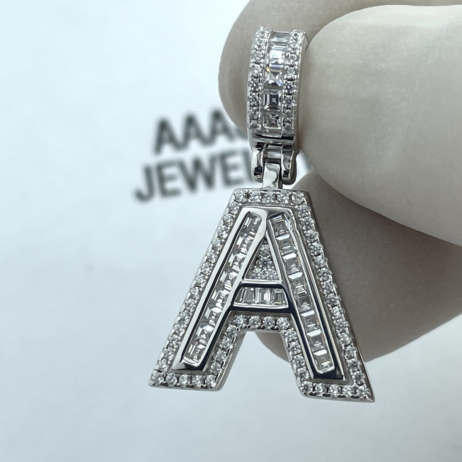 REAL 925 SOLID STERLING SILVER INITIAL LETTER “ A “ BAGUETTE PENDANT