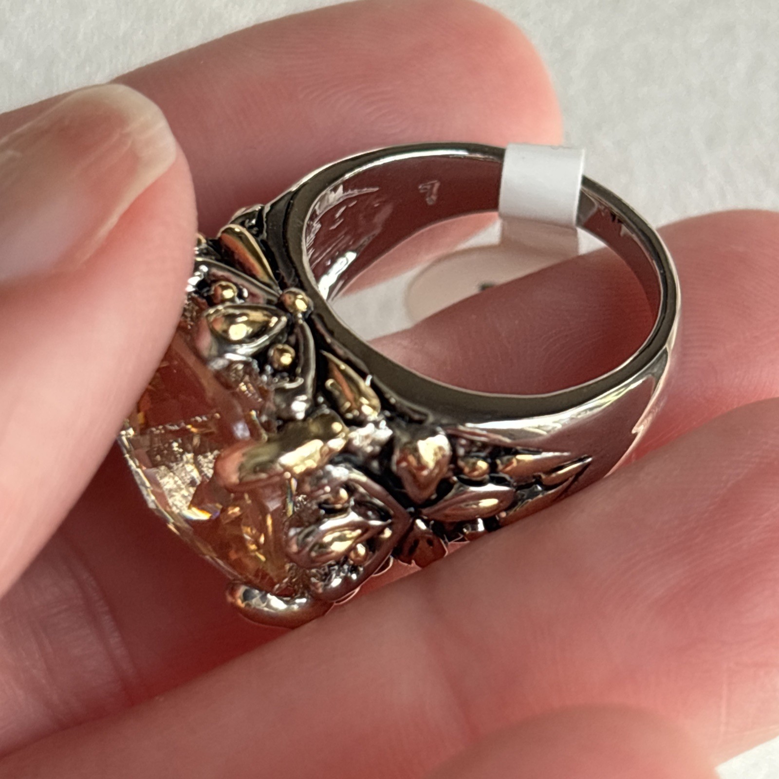 Inspirational Champagne Cushion Cut CZ Crystal Silver Gold Balinese Ring Size 7