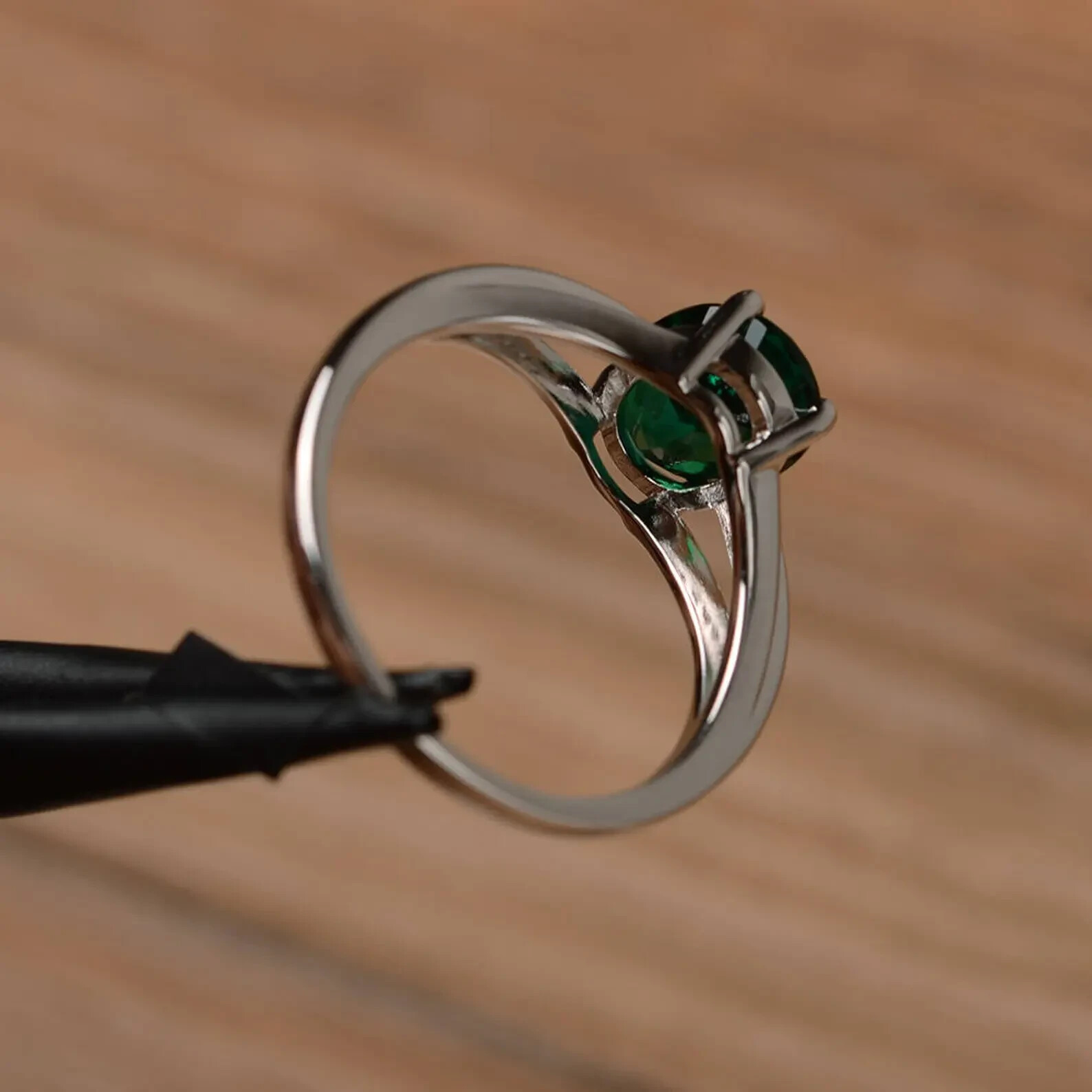emerald and moissanite ring engagement ring solid sterling silver ring