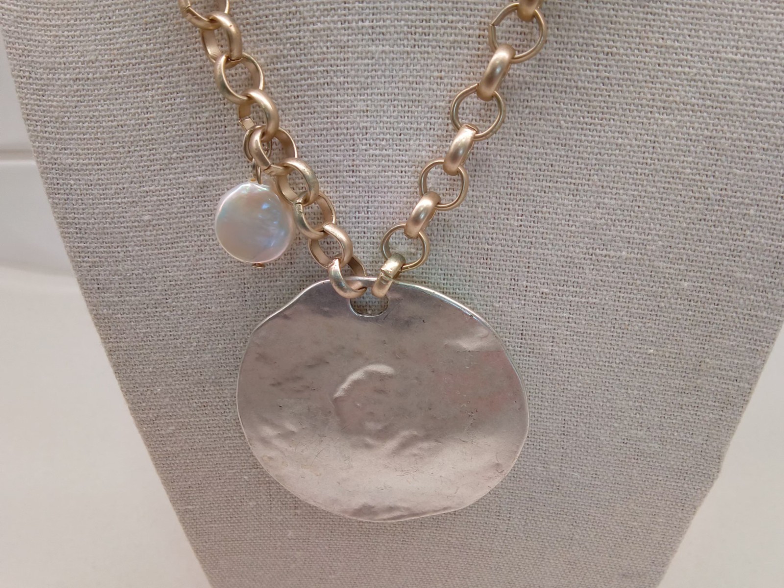 Chico’s Branded Medallion Necklace, Silver and Gold Tone w/Rhinestones