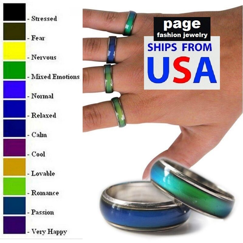 US Seller- 1pc Color Change Mood Ring Emotion Feeling Size 6.5 – 10 With E-Chart