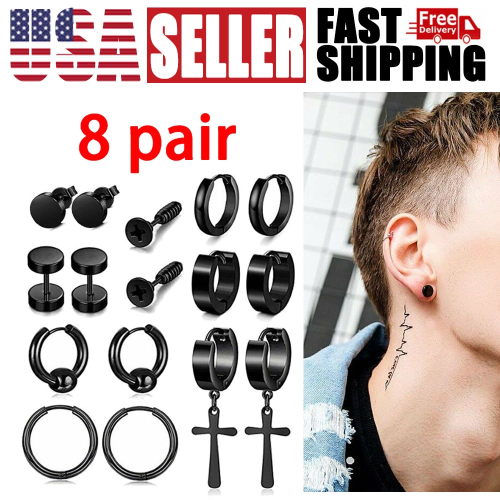 16pcs Earrings Stud Stainless Steel Punk Piercing Men Hoop Gothic Unisex US