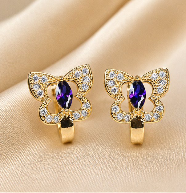 3Ct Marquise Simulated Amethyst Butterfly Hoop Earrings 14K Yellow Gold Plated